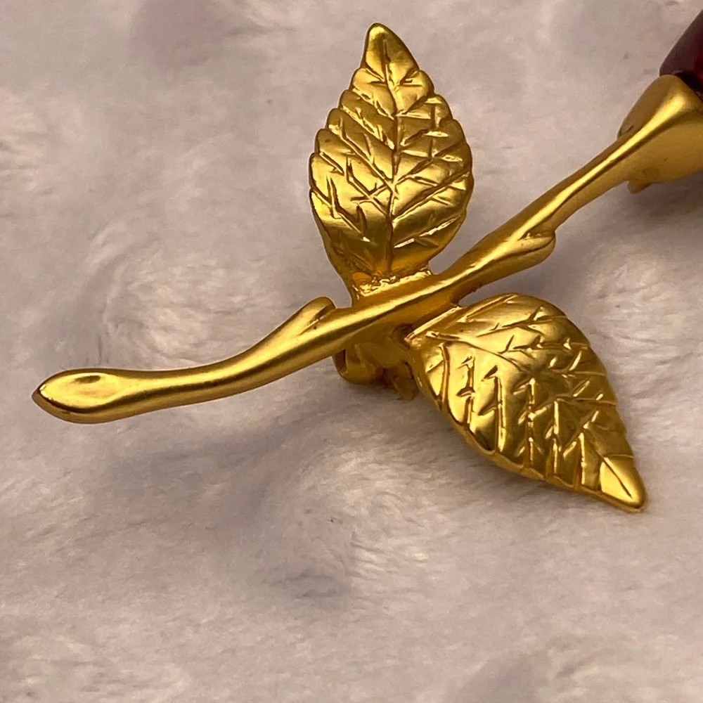Vintage Red Rose Brooch with Gold Stem and Two Leaves